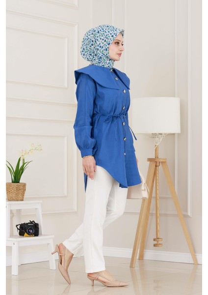 Beli Bağcık Detaylı Geniş Yaka Tunik-Indigo