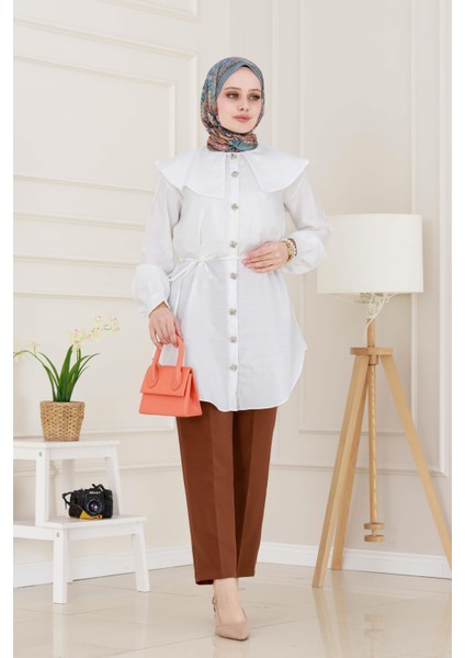Beli Bağcık Detaylı Geniş Yaka Tunik-Beyaz fiyatları