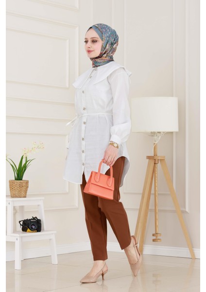 Beli Bağcık Detaylı Geniş Yaka Tunik-Beyaz modelleri