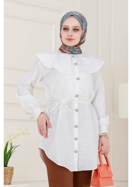 Beli Bağcık Detaylı Geniş Yaka Tunik-Beyaz fırsatları