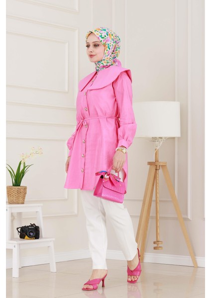 Beli Bağcık Detaylı Geniş Yaka Tunik-Pembe