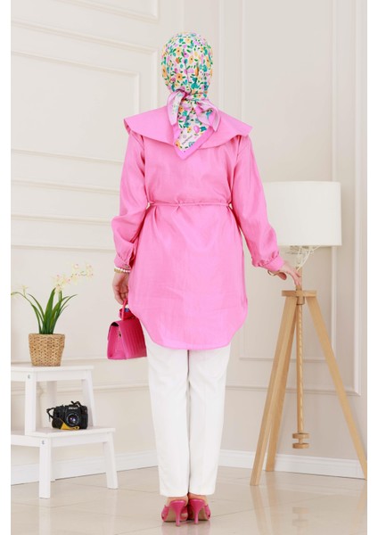 Beli Bağcık Detaylı Geniş Yaka Tunik-Pembe