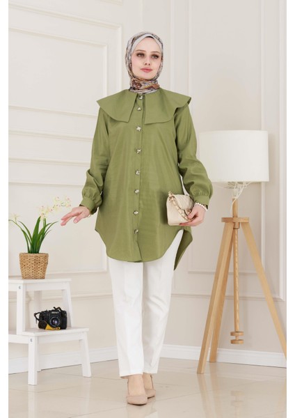 Beli Bağcık Detaylı Geniş Yaka Tunik-Yeşil