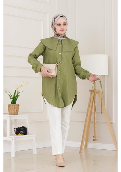 Beli Bağcık Detaylı Geniş Yaka Tunik-Yeşil fiyatları