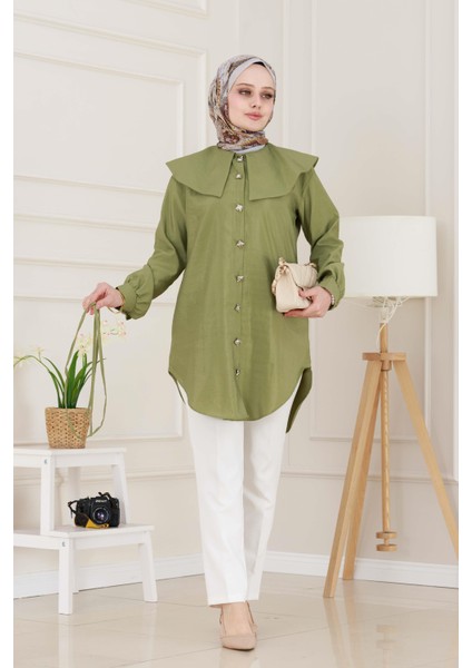 Beli Bağcık Detaylı Geniş Yaka Tunik-Yeşil modelleri