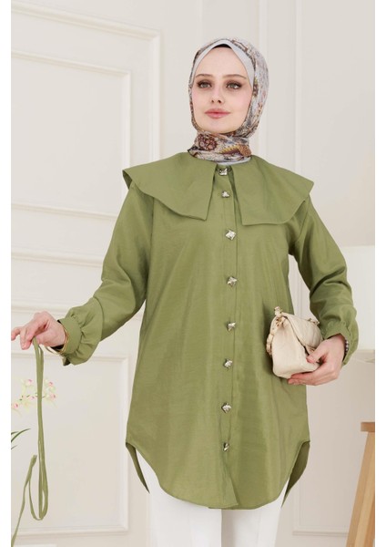 Beli Bağcık Detaylı Geniş Yaka Tunik-Yeşil fırsatları
