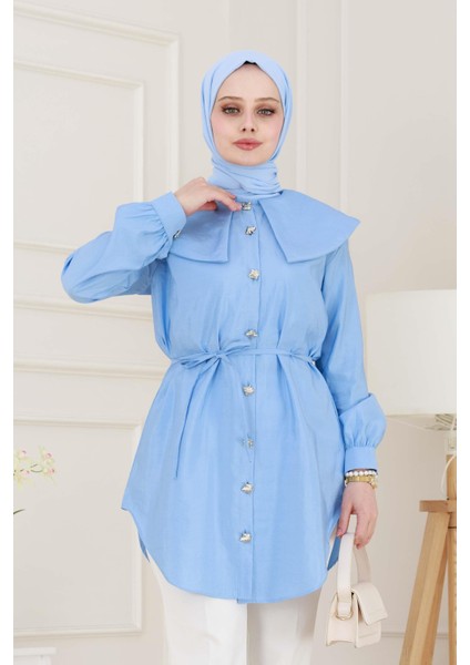 Beli Bağcık Detaylı Geniş Yaka Tunik-Bebe Mavi fırsatları