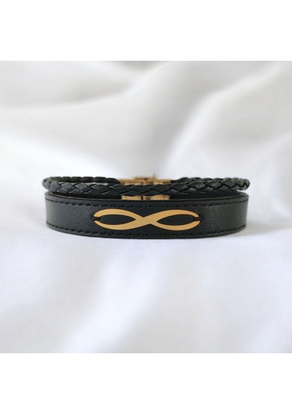 14 Ayar Altın Plakalı Erkeklere Özel Sonsuzluk Motifli Derili Bileklik-389SONSUZ-Siyah