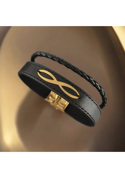 14 Ayar Altın Plakalı Erkeklere Özel Sonsuzluk Motifli Derili Bileklik-389SONSUZ-Siyah fiyatları