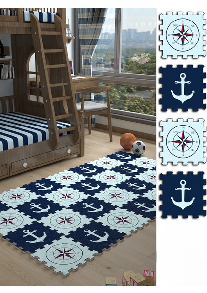 Dijital Baskılı Pusula Desenli Çocuk Bebek Odası Yapboz Puzzle Japon Halı