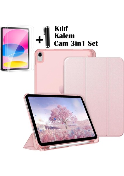 iPad (A16) 11 Nesil 11 Inç 2025, iPad 10 Nesil 10,9 Inç 2022 Uyumlu Tablet Kılıfı Akıllı Smart Uyku Modlu Katlanabilir Arkası Renkli Standlı Kılıf +Ekran Koruyucu Cam+Kalem 3'lü Set A3354 A3355 A3356