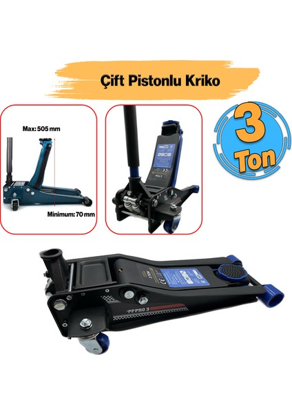 Çift Pistonlu Alçak Şase Profil Kriko 3 Ton Oto Araç Araba Kaldırma Sabitleme Kollu 505 mm