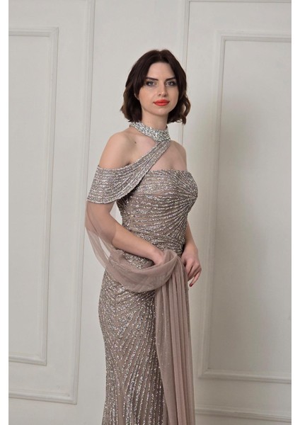 Taş Rengi Tasarım Abiye Elbise 930