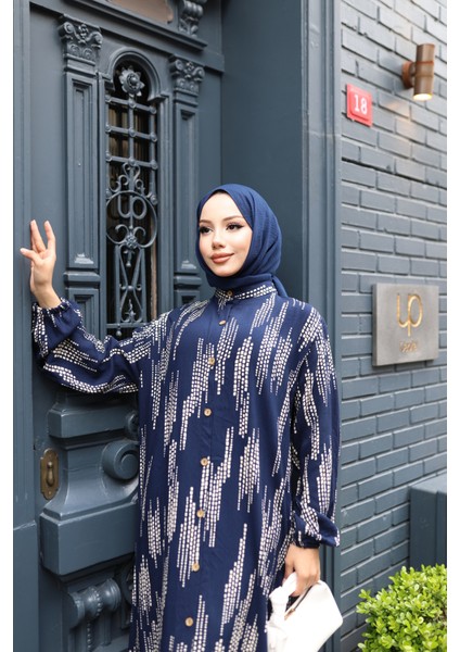 Kadın Lacivert %100 Viskon Pamuklu Küçük Kare Desen Bol Kesim Tesettür Elbise DV784 modelleri