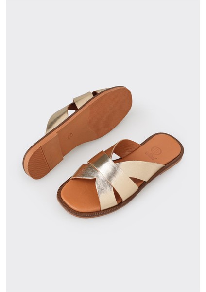 Gold Deri Kadın Düz Terlik modelleri