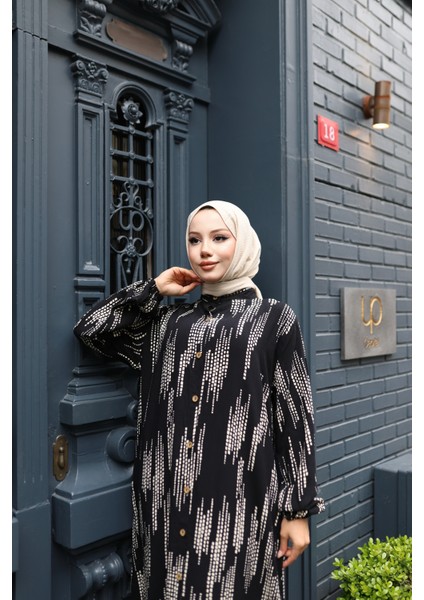 Kadın Siyah %100 Viskon Pamuklu Küçük Kare Desen Bol Kesim Tesettür Elbise DV786