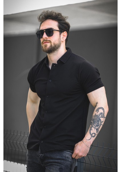 Vitto Otoban Kumaş Slim Likralı Kısa Kol Erkek Gömlek