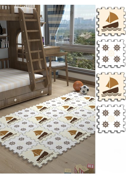 Dijital Baskılı Gemi/dümen-Yelken Desenli Çocuk/bebek Odası Yapboz Puzzle Japon Halı