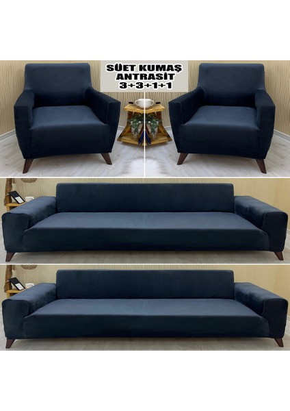 Süet Detaylı Angora Kumaş 2 Adet Üçlü & Çekyat- 2 Adet Tekli Set Koltuk Kılıfı