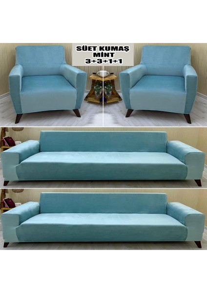 Süet Detaylı Angora Kumaş 2 Adet Üçlü & Çekyat- 2 Adet Tekli Set Koltuk Kılıfı