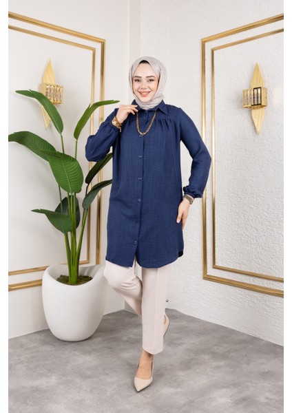 Önü Büzgülü Bilek Lastikli Tunik - Lacivert / Ü104