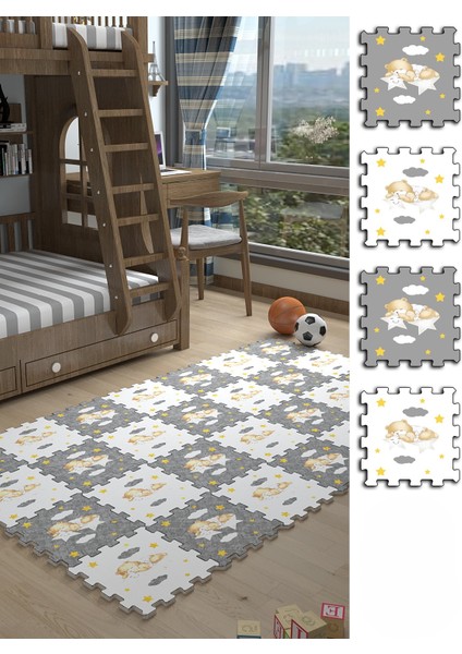 Dijital Baskılı Ayıcık-Yıldız-Bulut Desenli Çocuk/bebek Odası Yapboz Puzzle Japon Halı