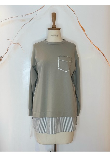 Taşlı Cepli Dantelli Sweatshırt