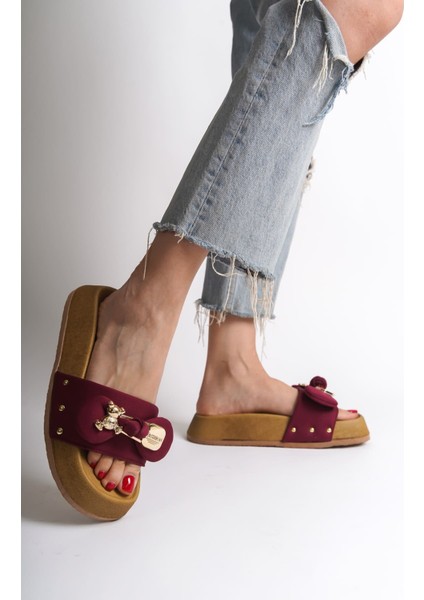 Dılush Kalın ve Ortopedik Taban Ayıcıklı Saten Kadın Terlik - Bordo modelleri