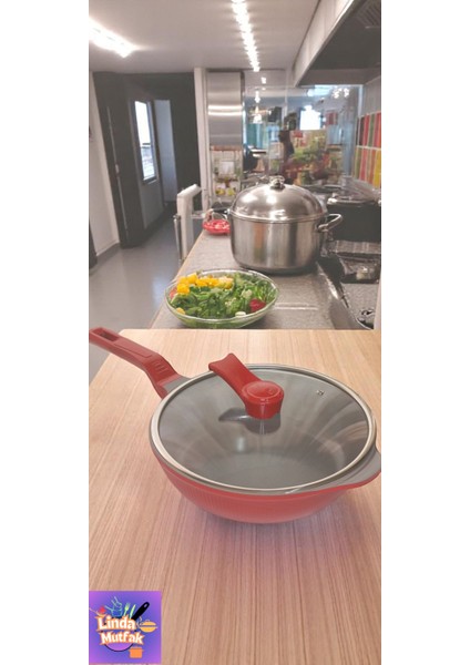 28 cm Cam Kapaklı Kırmızı Döküm Derin Tava