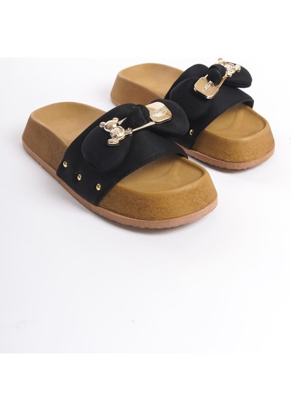 Dılush Kalın ve Ortopedik Taban Ayıcıklı Saten Kadın Terlik - Siyah