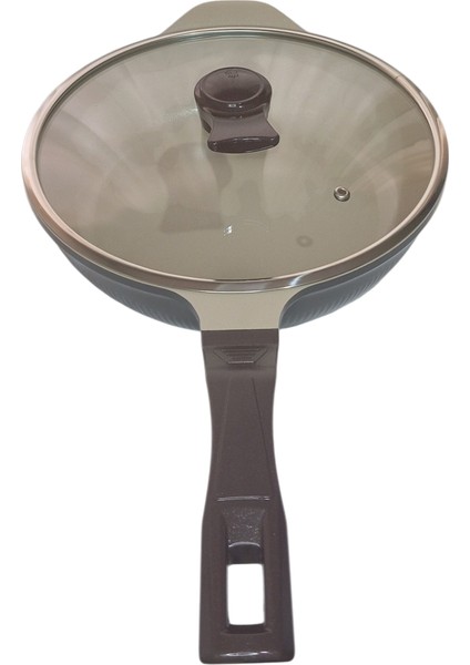 28 cm Cam Kapaklı Kırmızı Döküm Derin Tava