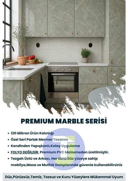 Kendinden Yapışkanlı Mermer Desen Folyo Tezgah Mutfak Banyo Duvar Kaplama 60 cm x 100 cm