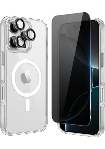 Apple iPhone 16 Pro Max Magsafe Şeffaf Kılıf + Hayalet Ekran Koruyucu + Kamera Lens Koruyucu (Çöl)