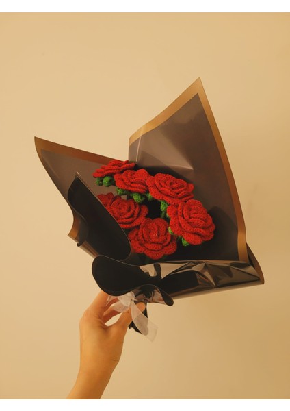 Örgü Çiçek Buketi, Bordo Gül Buketi, Gıftandflowers