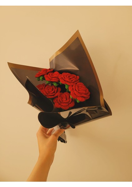Örgü Çiçek Buketi, Bordo Gül Buketi, Gıftandflowers