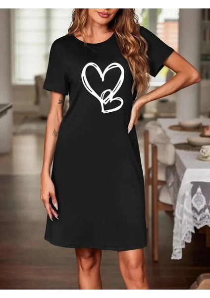 Kadın Kısa Kollu Bisiklet Yaka Kalp Desenli Viskon Elbise modelleri