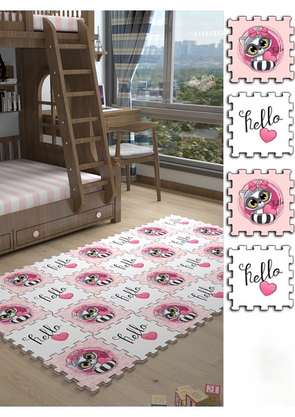 Dijital Baskılı Kedi-Kalp Desenli Çocuk/bebek Odası Yapboz Puzzle Japon Halı