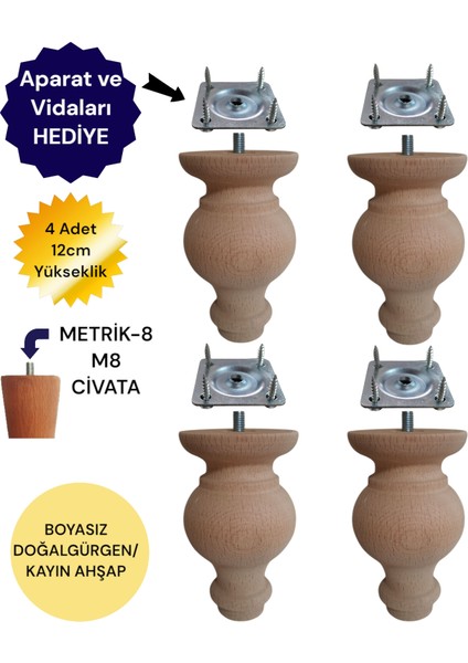 4'lü Ahşap Koltuk Ayağı Tv Ünitesi Ayağı Baza Ayağı Ayak Gürgen UZUNLUK:12CM/ÇAP:7,5CM 3301000000877