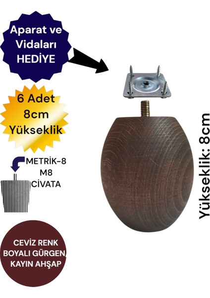 Ceviz Renk Ahşap Koltuk Ayağı Tv Ünitesi Ayağı Baza Ayağı Uzunluk:8cm/çap:7cm 3301000000878