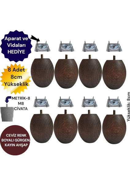 8'li Ceviz Renk Ahşap Koltuk Ayağı Tv Ünitesi Ayağı Baza Ayağı Uzunluk:8cm/çap:7cm 3301000000881