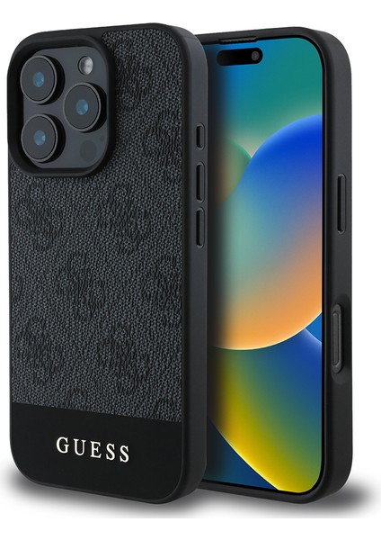 Apple iPhone 16 Pro Kılıf Lisanslı Pu Deri Şerit Logo Dizaynlı Kapak Gri