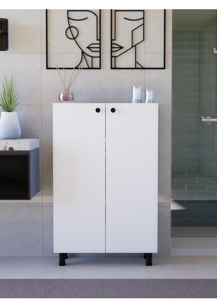 %100 Mdf Ayarlanabilir Raflı Metal Ayaklı Beyaz Kiler Dolabı, 2 Kapaklı Çok Amaçlı Dolap, Mutfak Dolabı, Banyo Dolabı (BD08)