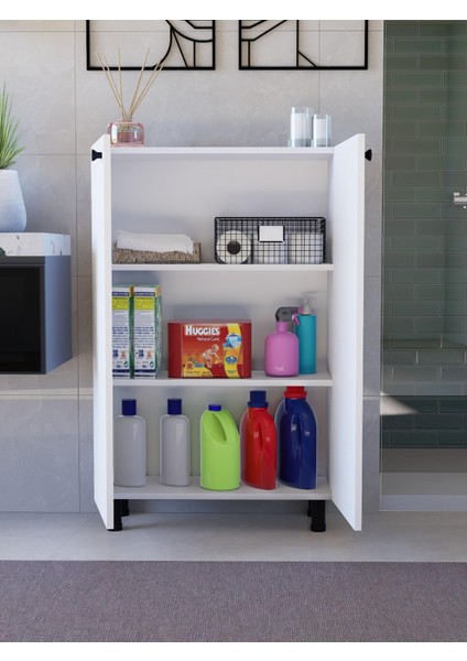 %100 Mdf Ayarlanabilir Raflı Metal Ayaklı Beyaz Kiler Dolabı, 2 Kapaklı Çok Amaçlı Dolap, Mutfak Dolabı, Banyo Dolabı (BD08)