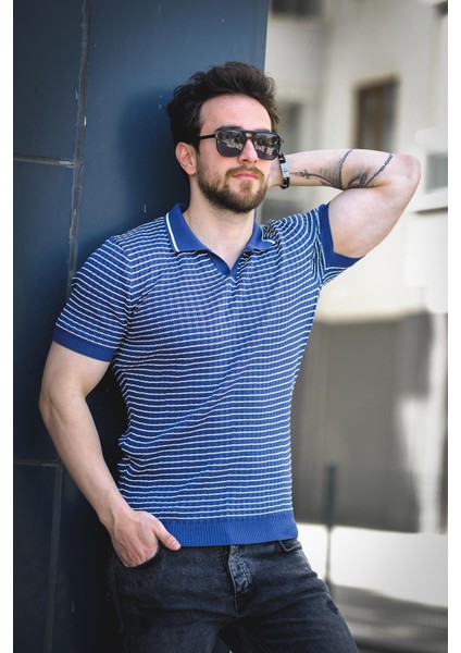 Mirko Çizgili Likralı Slim Fit Polo Yaka Örme Erkek Triko Tshirt