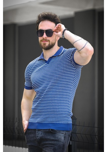 Mirko Çizgili Likralı Slim Fit Polo Yaka Örme Erkek Triko Tshirt fiyatları