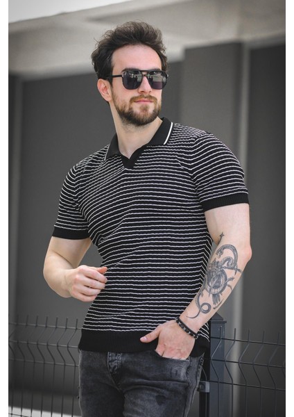 Mirko Çizgili Likralı Slim Fit Polo Yaka Örme Erkek Triko Tshirt