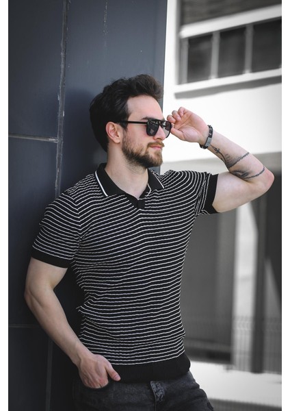 Mirko Çizgili Likralı Slim Fit Polo Yaka Örme Erkek Triko Tshirt fiyatları
