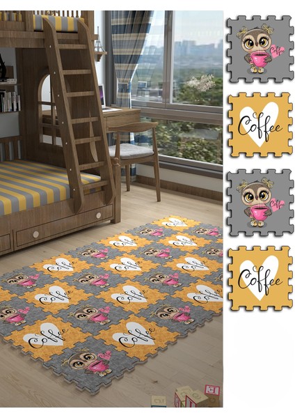 Dijital Baskılı Baykuş Desenli-Coffee Yazılı Çocuk/bebek Odası Yapboz Puzzle Japon Halı