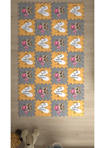 Dijital Baskılı Baykuş Desenli-Coffee Yazılı Çocuk/bebek Odası Yapboz Puzzle Japon Halı
