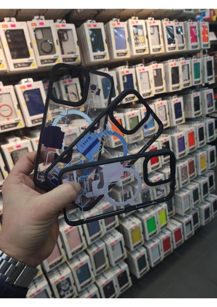 Apple iPhone 14 Promax Uyumlu Güçlü Magsafe Özellikli Siyah Kenarlıklı Içi Şeffaf Desenli Kılıf